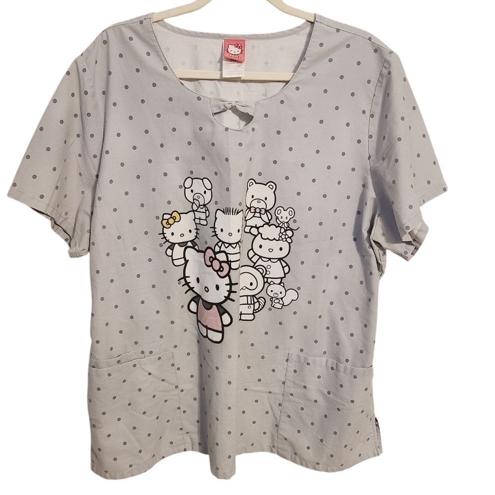 Hello Kitty | Women's Gray Polka Dot Graphic Print Scrubs Shirt (Size 2XL)